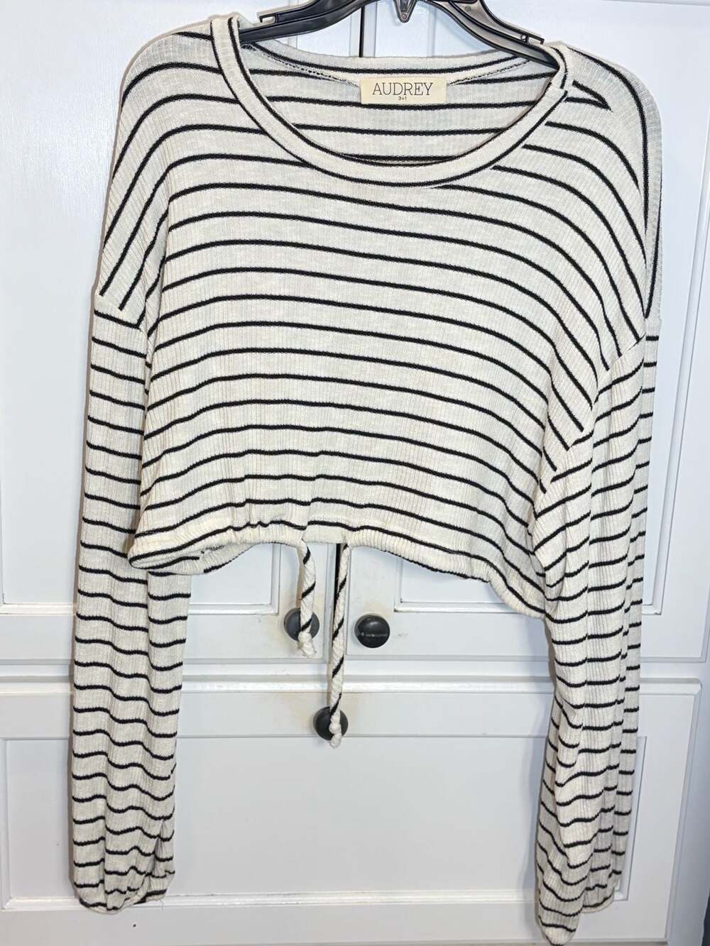 Audrey 3+1 Striped Cropped Long Sleeve Top with Drawstring Hem